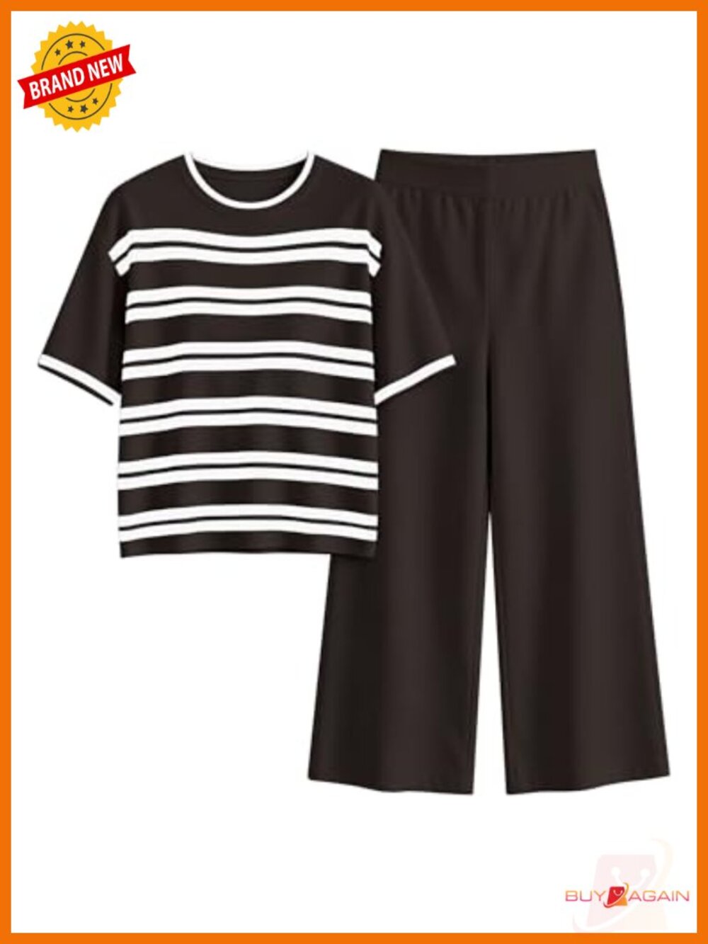 Women Striped Knit 2 Piece Short Sleeve Wide Leg Outfit
